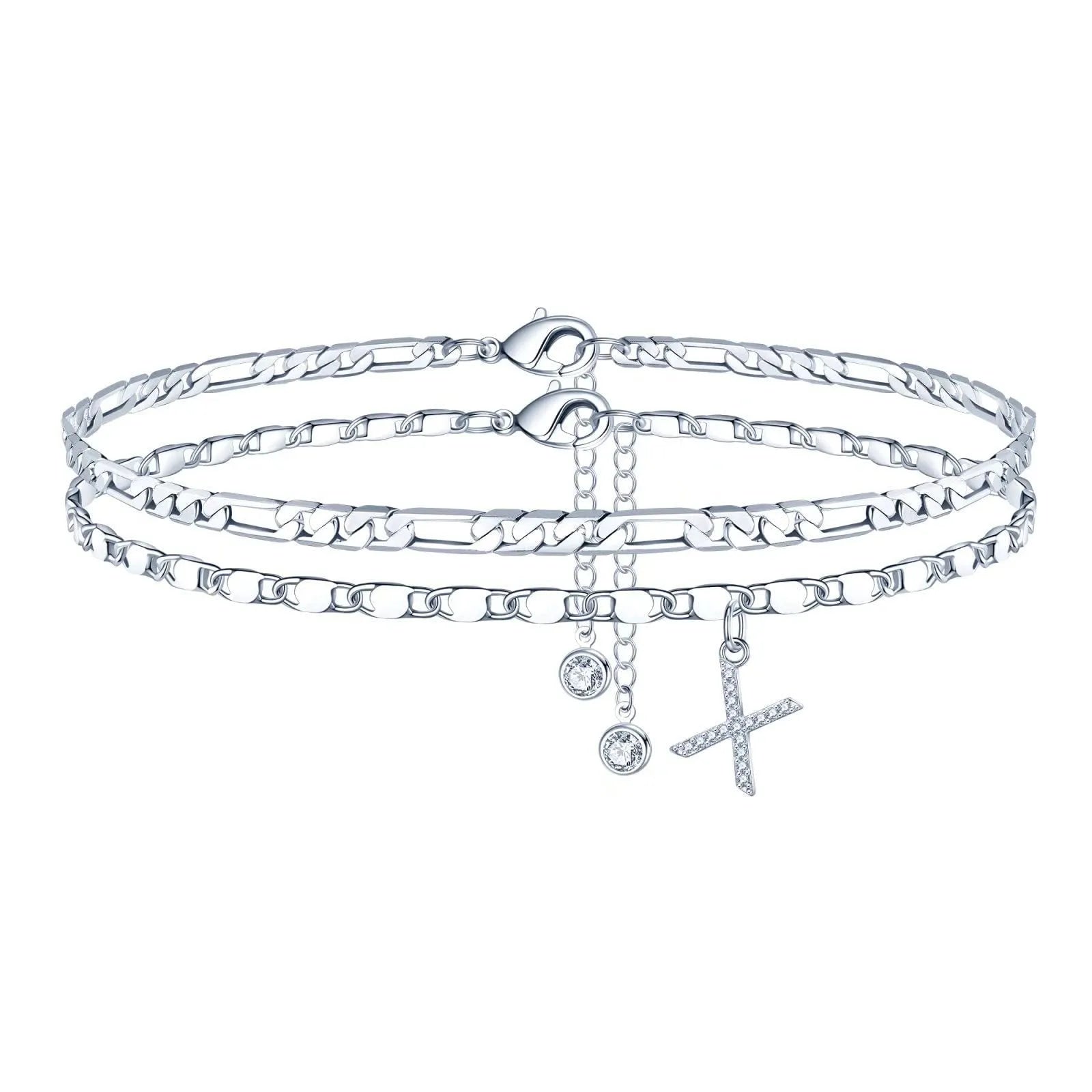 Silver-coloured copper anklet with a double-circle bead engraved with a letter.