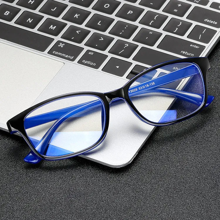 Anti-radiation glasses in full PC frame, blue finish, for unisex use with anti-blue light protection