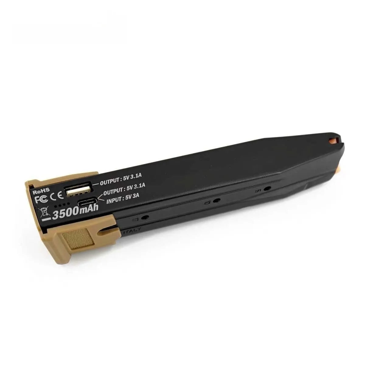 Transparent tactical power bank with decorative bullet clips showing 3500mAh PD3.0 charging