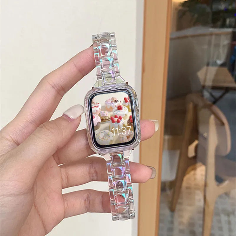Colourful laser carved transparent resin watch strap with straight 22mm interface for Apple watches