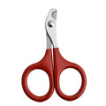 Close-up of pet nail clippers with stainless steel blades and a coloured rubberised handle.