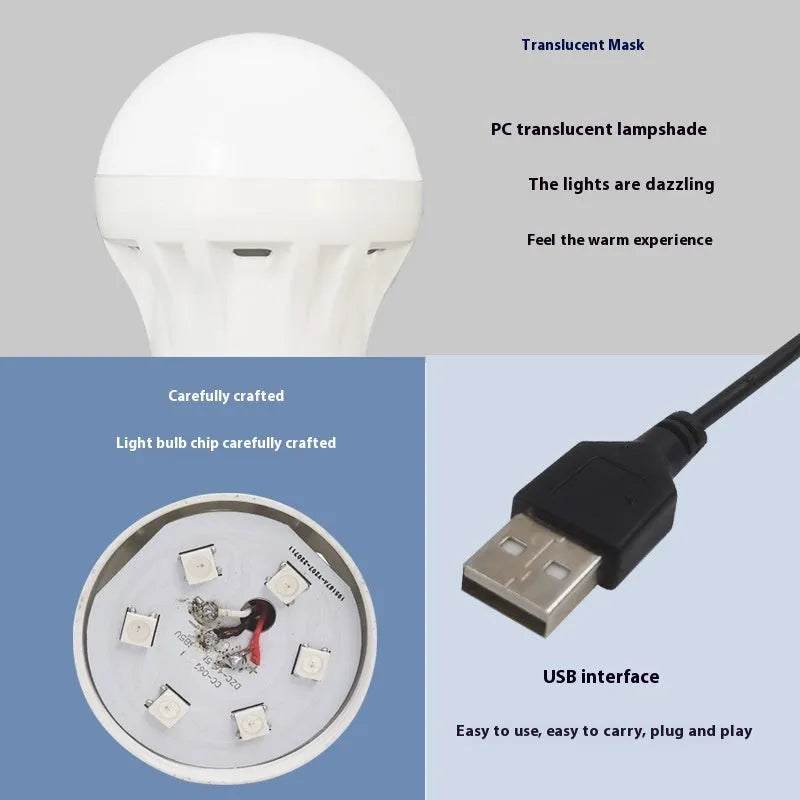 USB-powered RGB magic colour bulb with a long white control cable and a small remote unit on a white background.