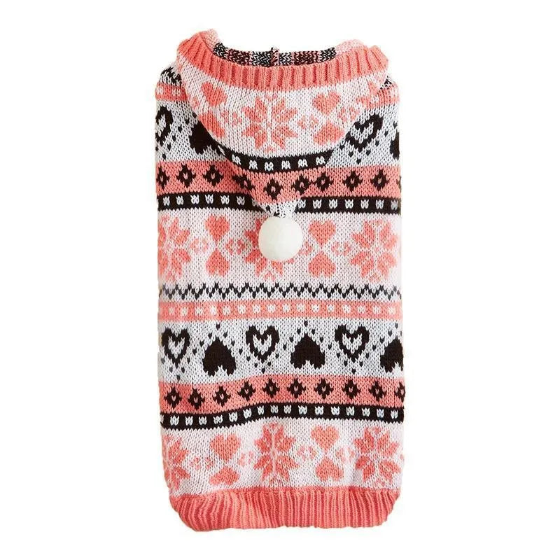 Pink, blue, and grey striped camouflage snowflake pattern knitted dog sweater for small dogs.