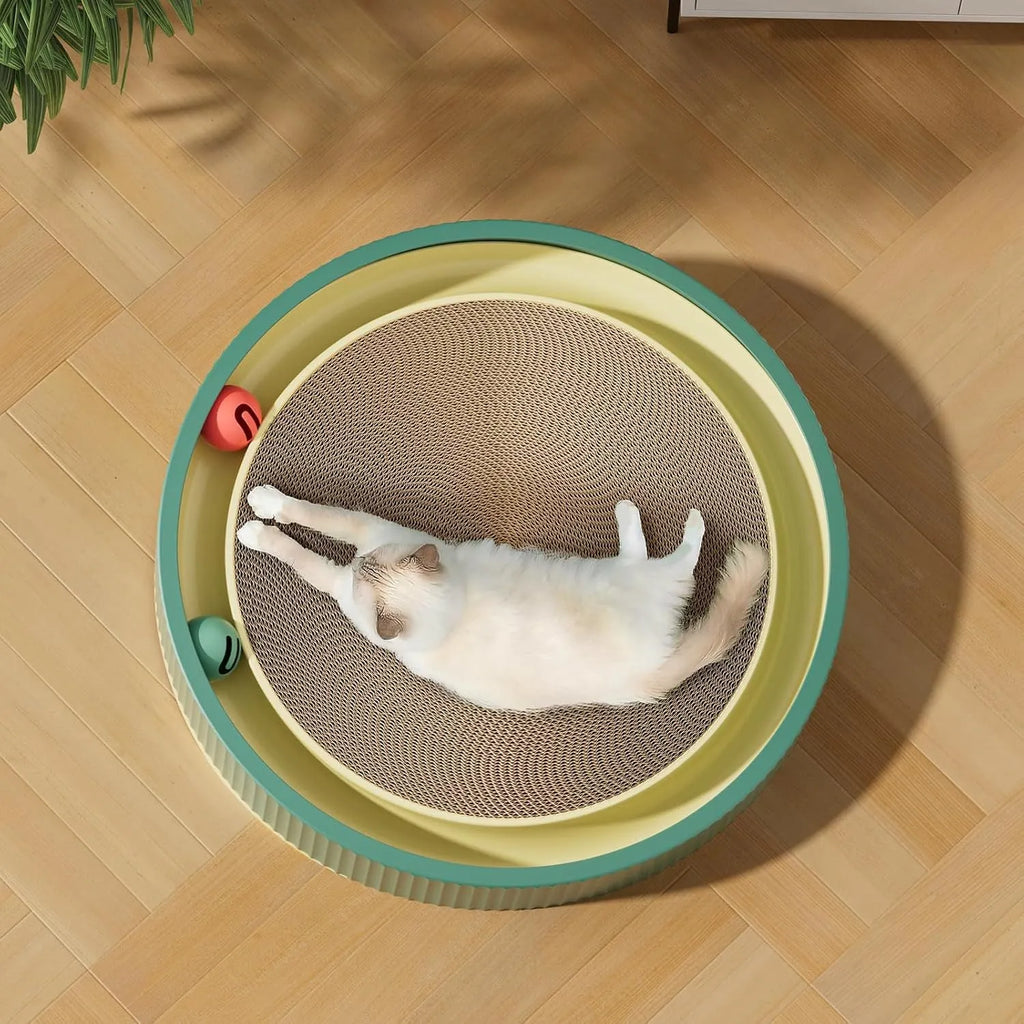 Large circular cat scratching board with moving ball toys and replaceable cardboard core
