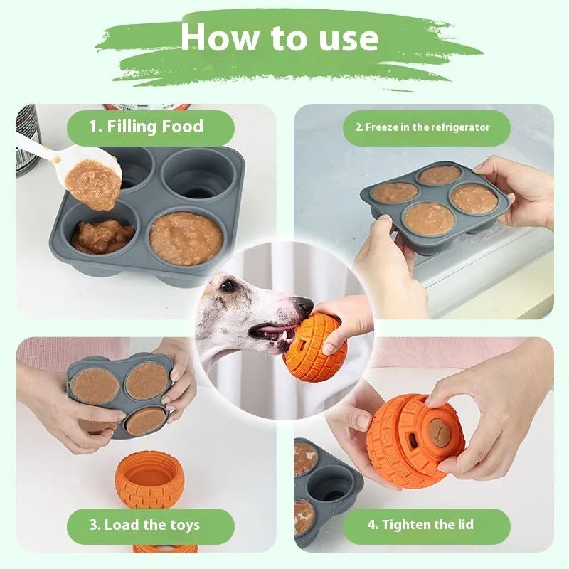 Green or orange natural rubber dog food dropping ball toy for interactive feeding.