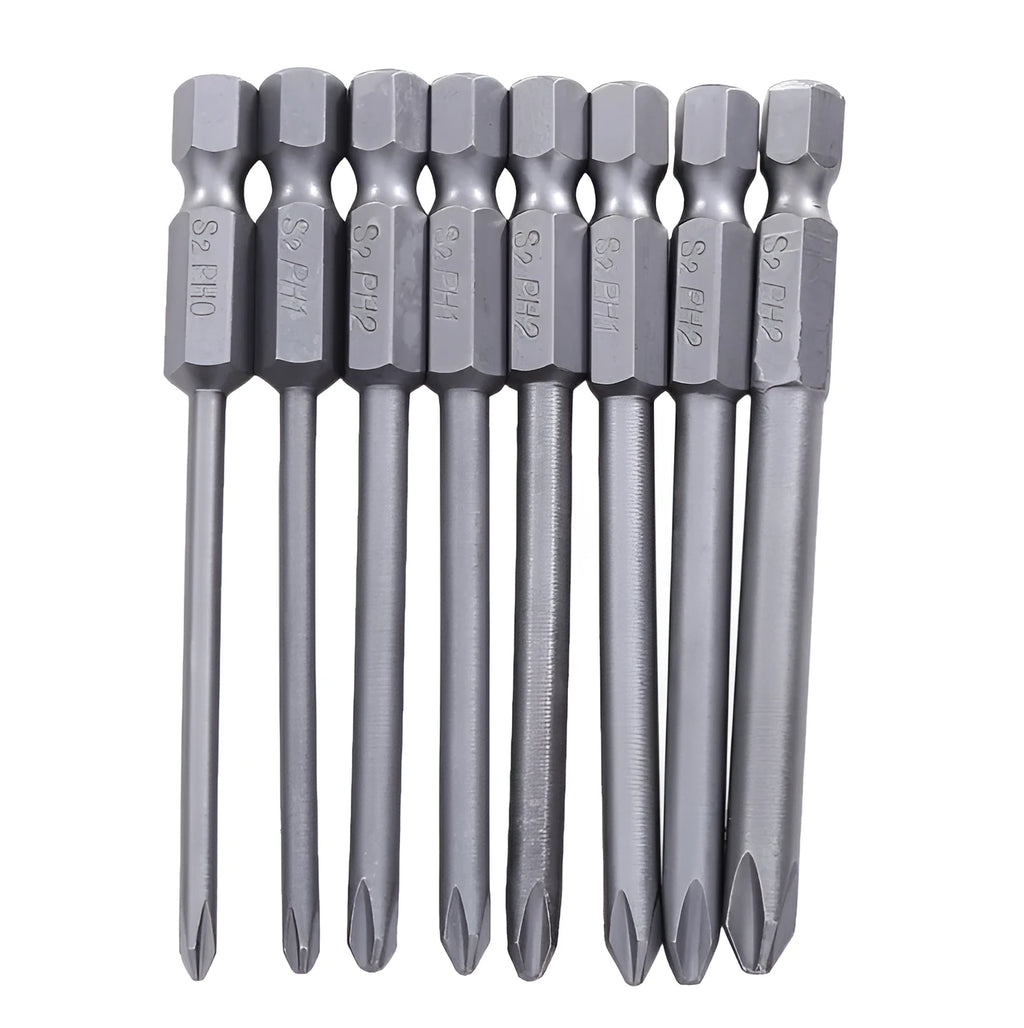 Set of eight 75mm long magnetic Phillips head screwdriver bits with 1/4 inch hex shanks on a grey background