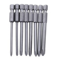 Set of eight 75mm long magnetic Phillips head screwdriver bits with 1/4 inch hex shanks on a grey background