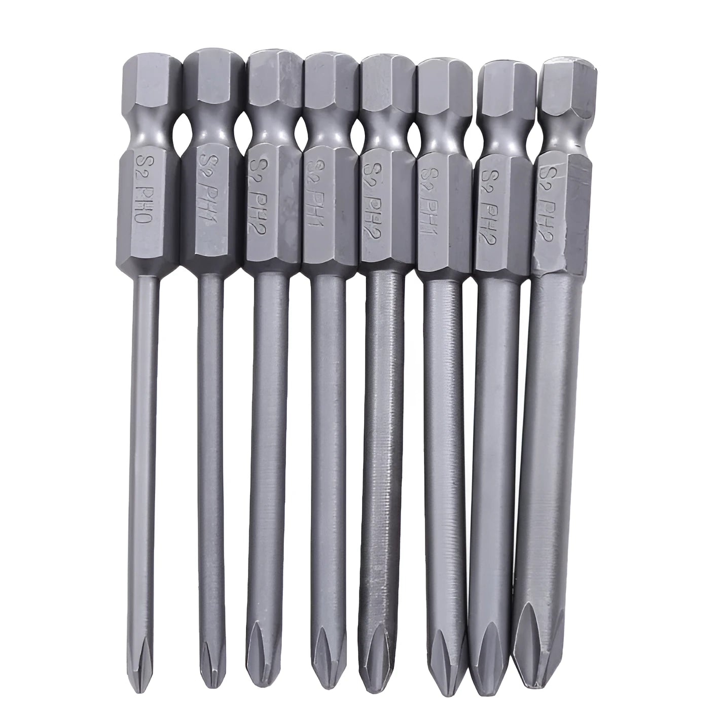 Set of eight 75mm long magnetic Phillips head screwdriver bits with 1/4 inch hex shanks on a grey background
