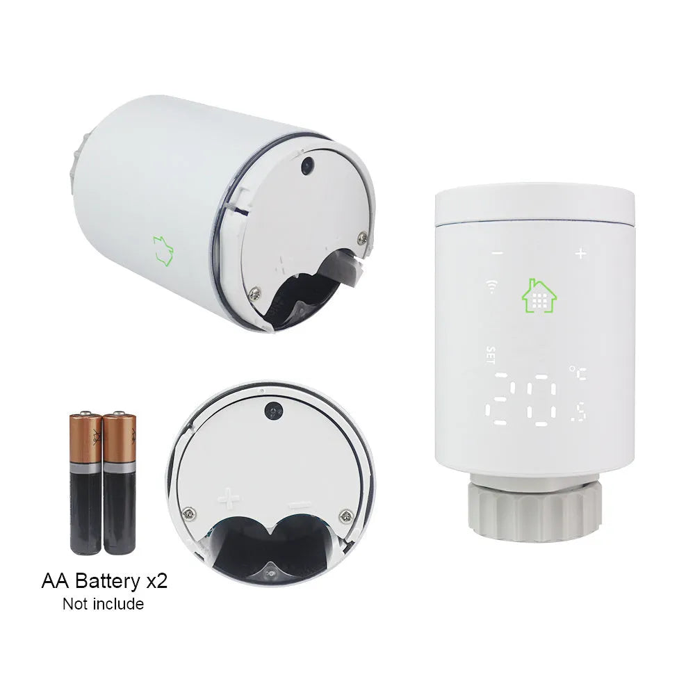 White smart radiator thermostat with digital display and M30 x 1.5 thread, beside Wi-Fi gateway hub