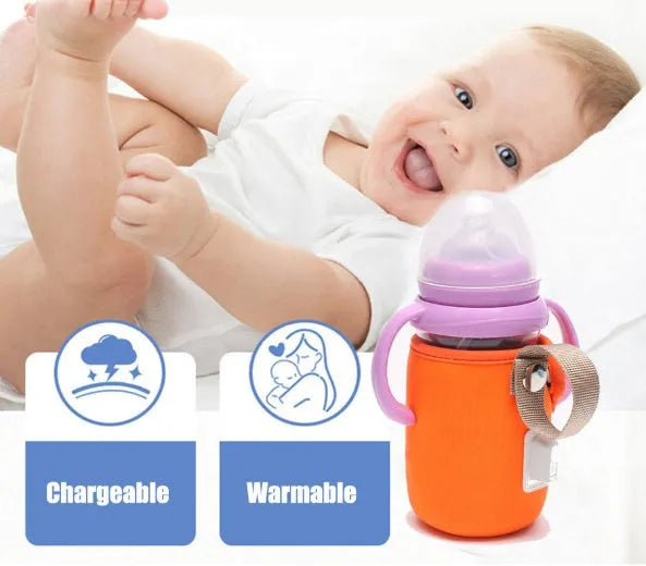 Orange and blue USB-powered baby bottle warmer sleeve with cotton fabric and PC materials