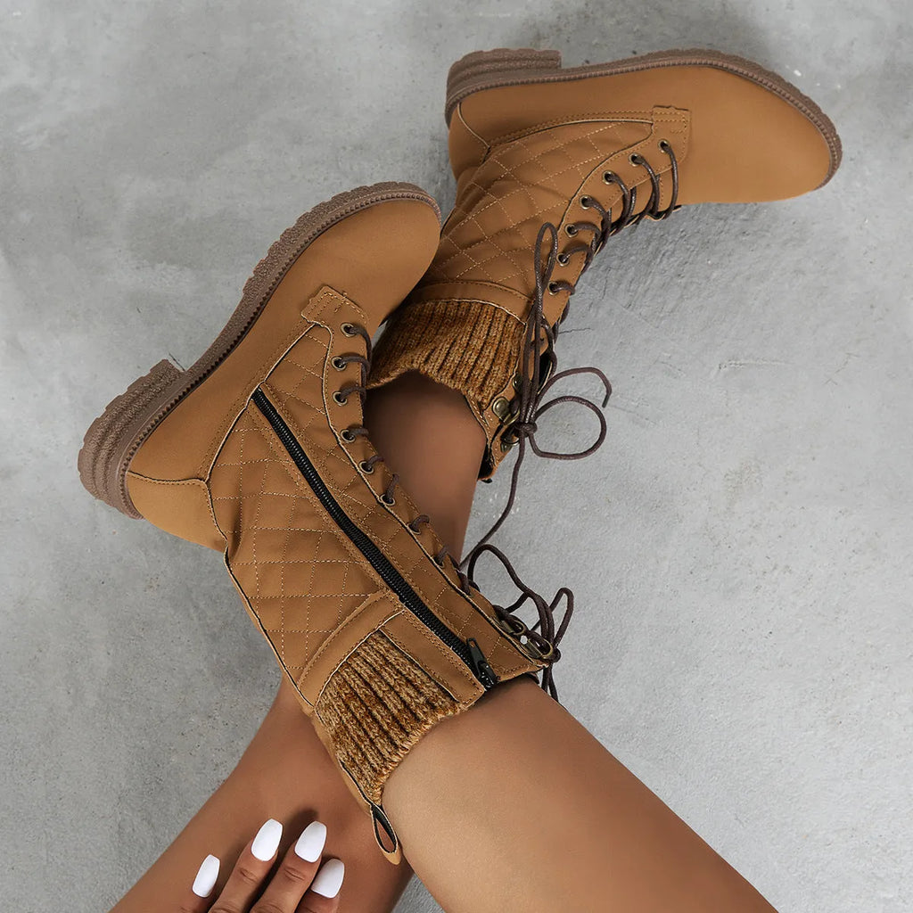 Women's lace up winter cowboy boots block heel round toe artificial PU in black dark brown grey