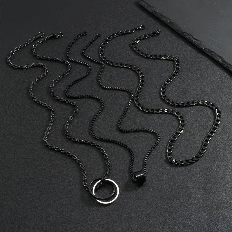 Men's black titanium steel necklace set with geometric cylindrical ring buckle pendant