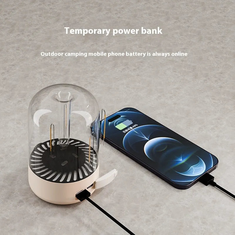Beige and black camping lantern with LED and tungsten lights, charging function, and USB output port