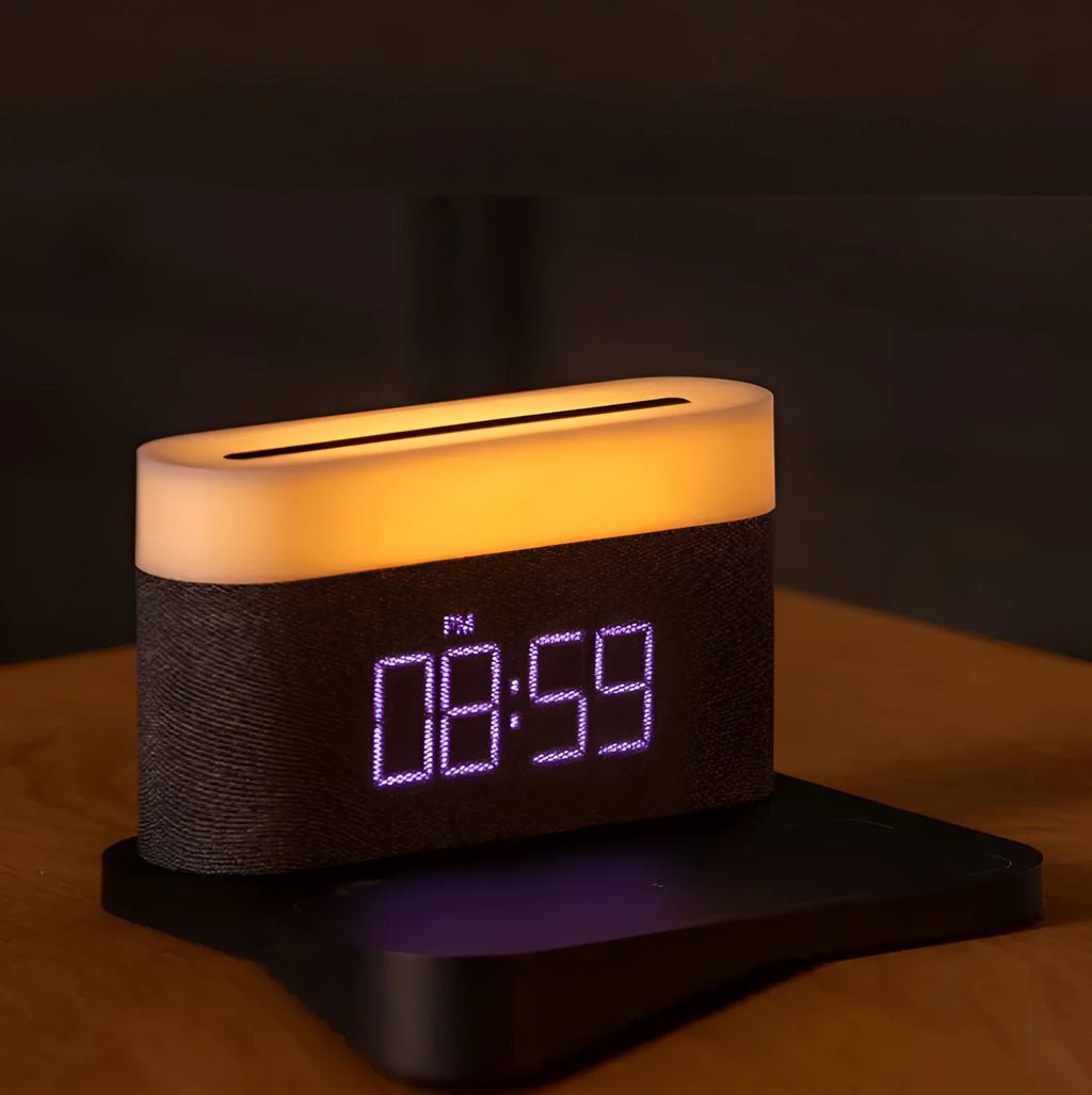 Black or white table lamp with wireless phone charging pad and digital clock display