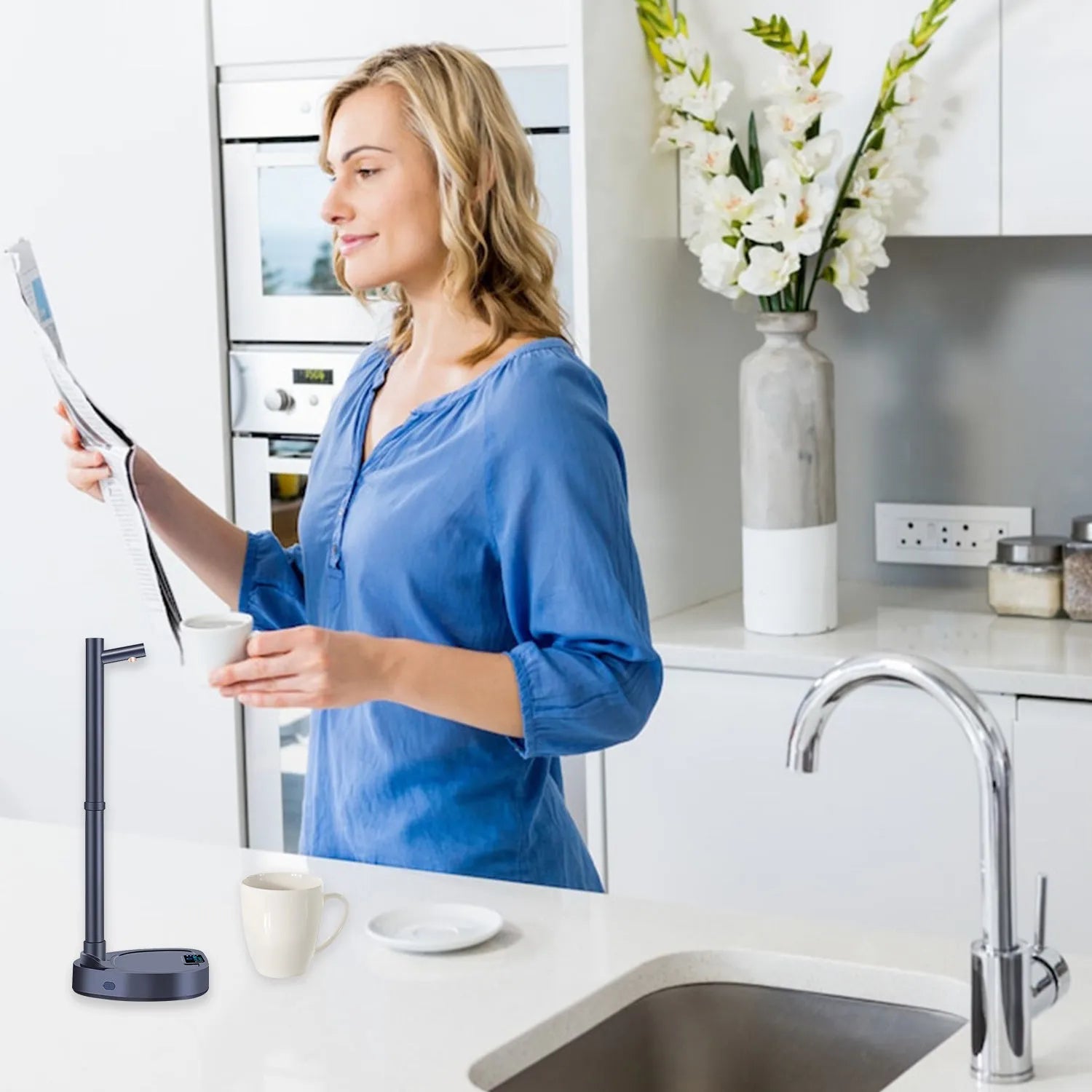 White and blue rechargeable desktop water dispenser pump with LED display on a water bottle.