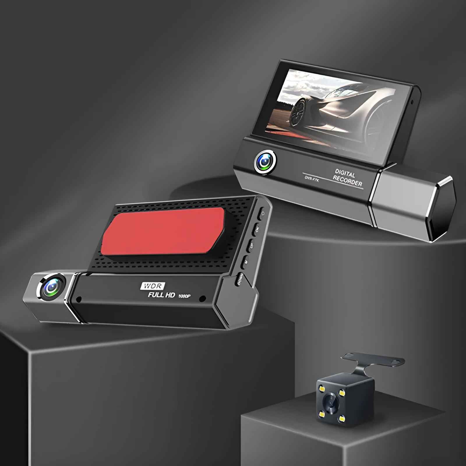 Black three-lens car dash camera recorder with touch screen display