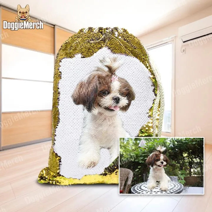 Custom purple sequins backpack with printed pet photograph and drawstring opening