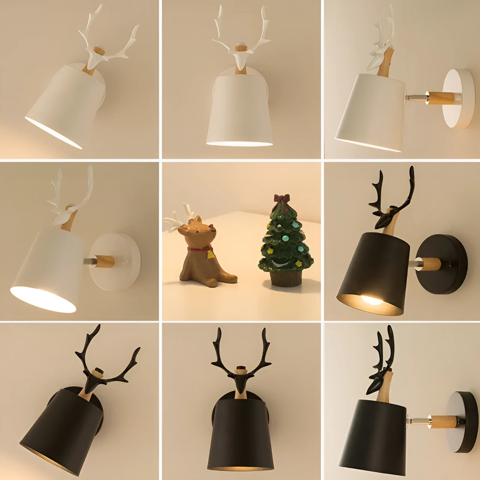 Modern antler bedside wall lamp in black iron and wood, 24x29cm with E27 bulb base.