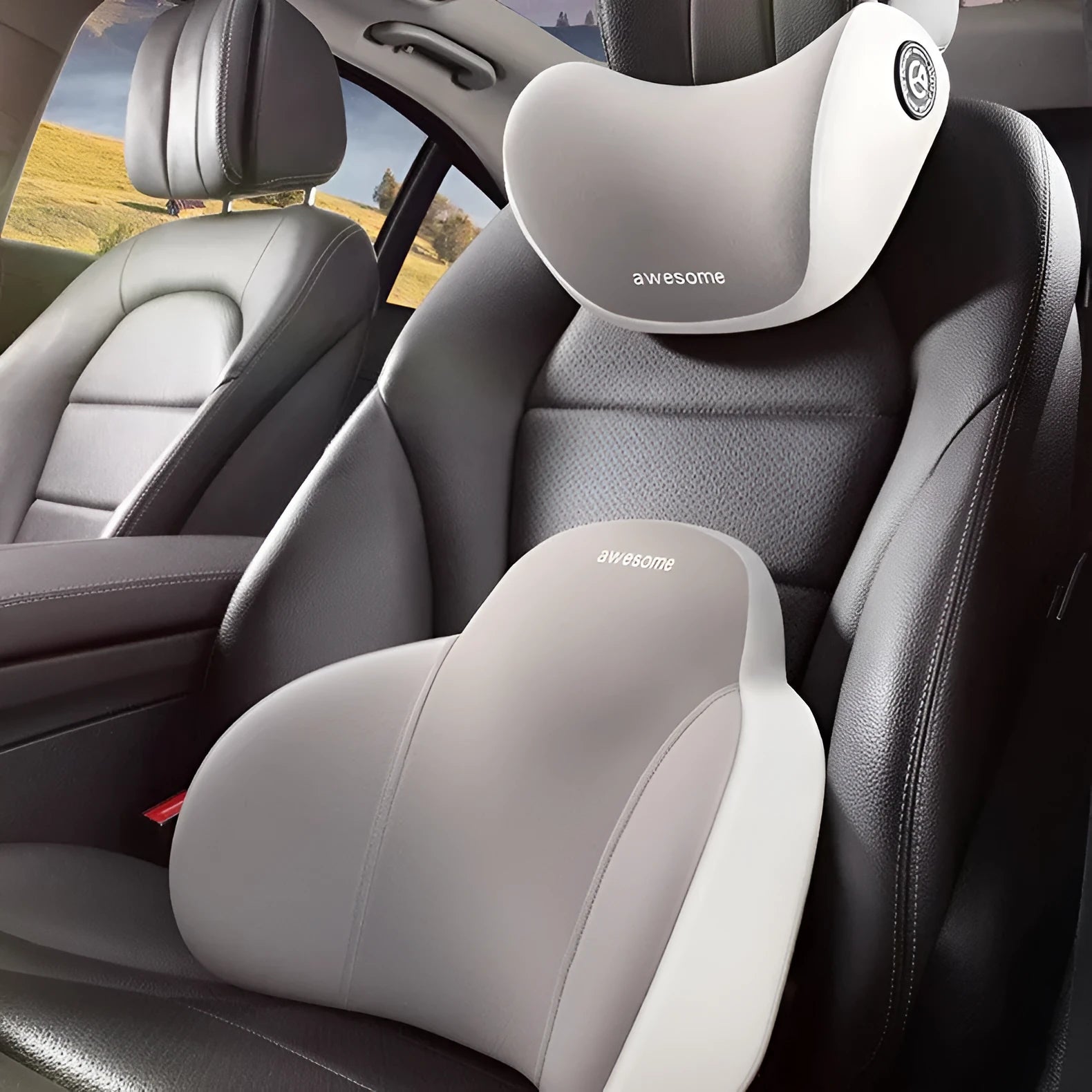 Automotive headrest and lumbar support pillows with all-cotton covers and memory foam filler in various colour options