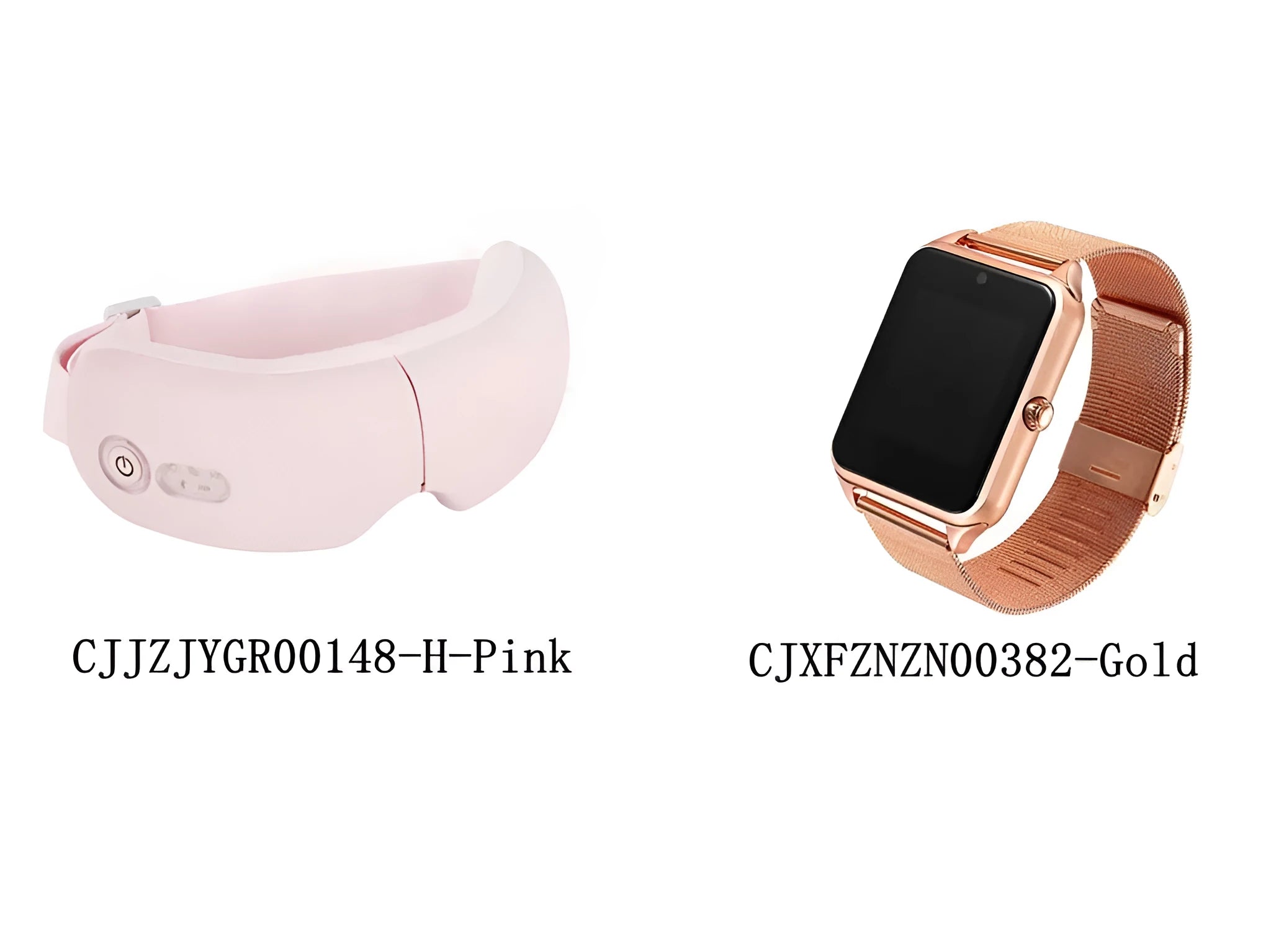 White and pink smart watch and suede cloth eye massager set on a table, showing USB charging cable.