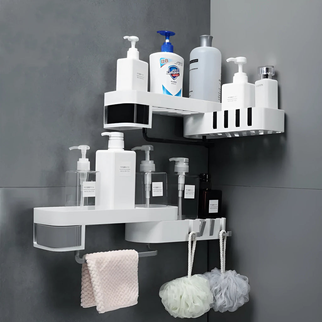 Plastic bathroom corner shelf wall-mounted in black and white design for toiletries storage