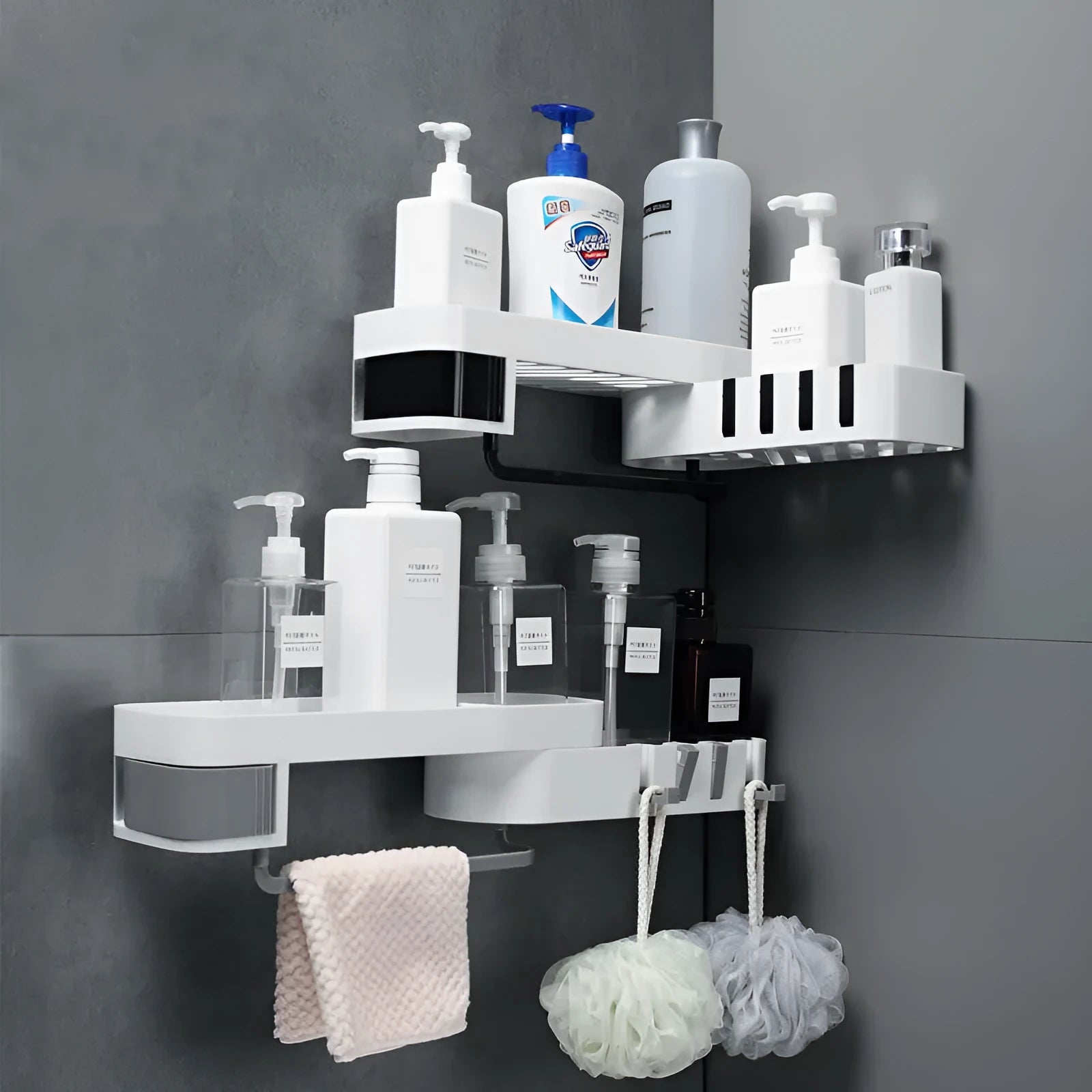 Plastic bathroom corner shelf wall-mounted in black and white design for toiletries storage