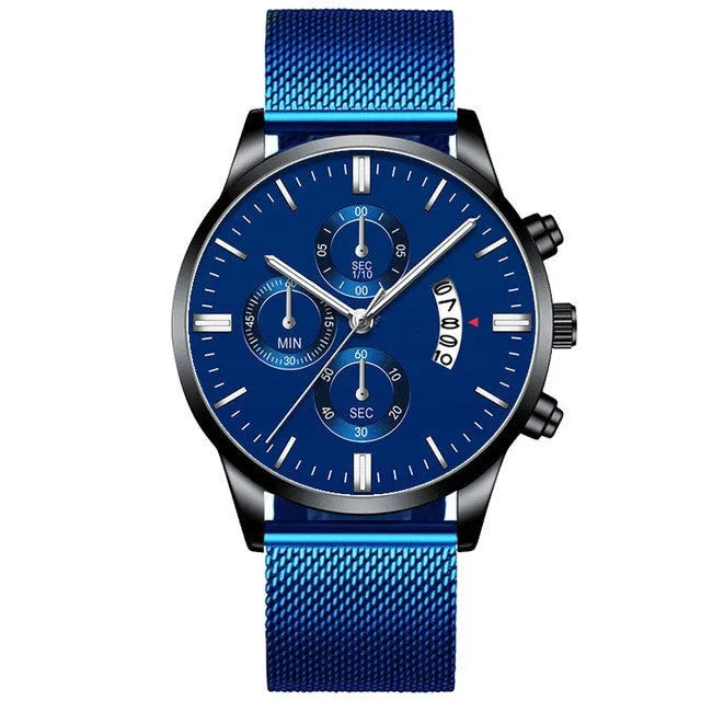 Men's stainless steel mesh band quartz watch with analogue display and two-tone colour options