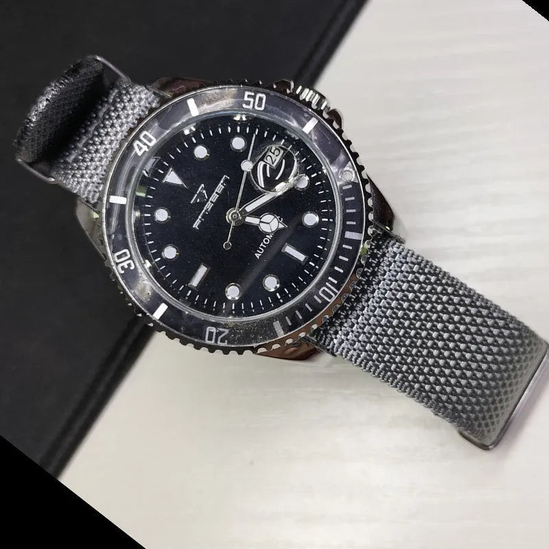 Nylon integrated watch strap shown in army green, demonstrating the 20mm width option.