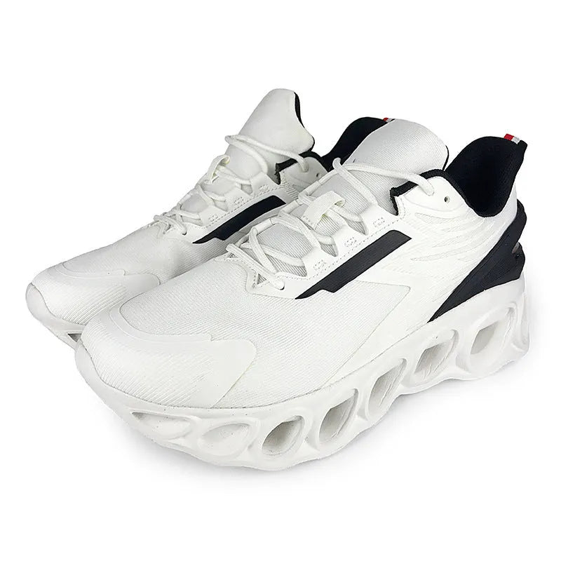 Men's breathable mesh sports shoes in black with white sole and lace-up front