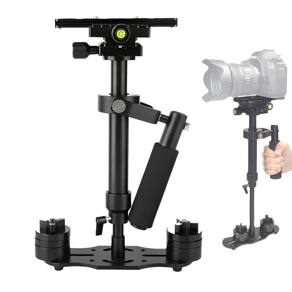 Black aluminium alloy handheld camera stabiliser with adjustable height, shown with a camera attached.