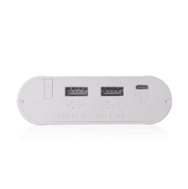 Black DIY mobile power box with LCD screen showing battery levels and dual USB ports.