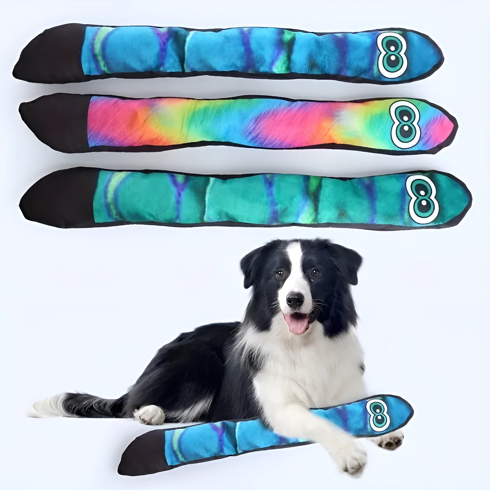 Snake-shaped dog squeaky toy with printed stripe pattern in blue and green plush