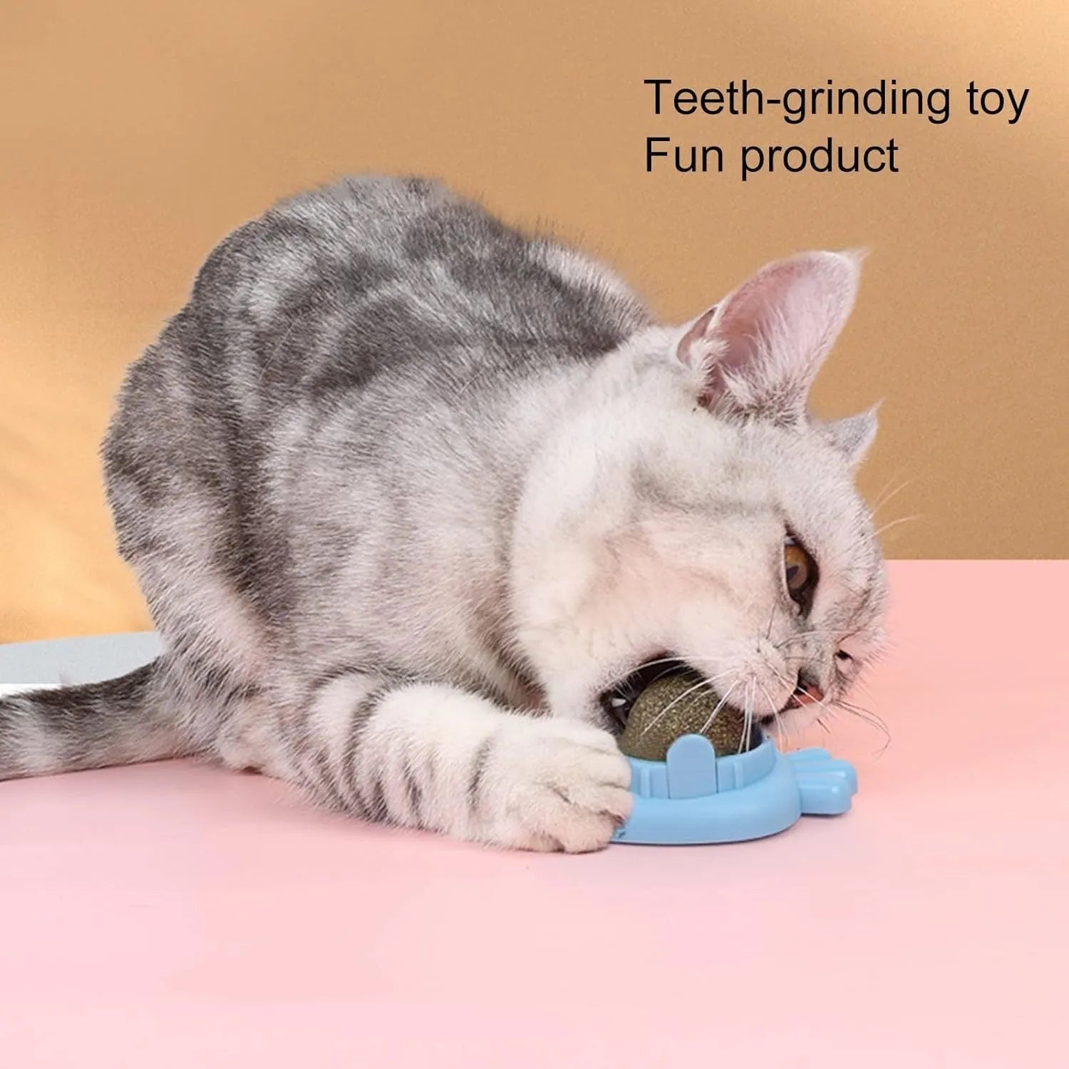 Blue carrot-shaped catnip ball with adhesive backing for wall mounting and dental cleaning