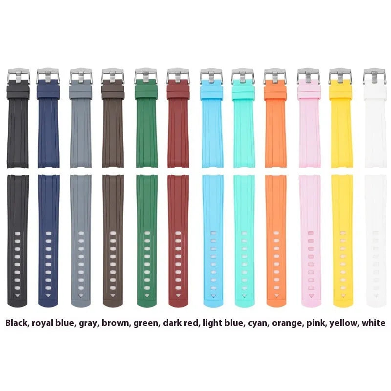 Original style watch strap with silver buckle shown in multiple colour options including Army Green, Sapphire Blue, and Black.