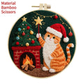 Cat-themed DIY embroidery kit showing Autumn Fruit pattern on cotton linen fabric with optional bamboo frame and scissors.