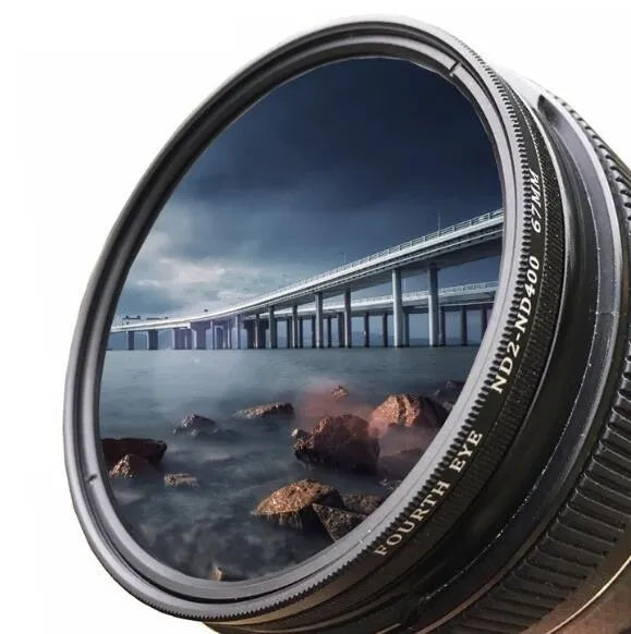 Multi-diameter neutral density camera filter with metal ring and optical glass for exposure control