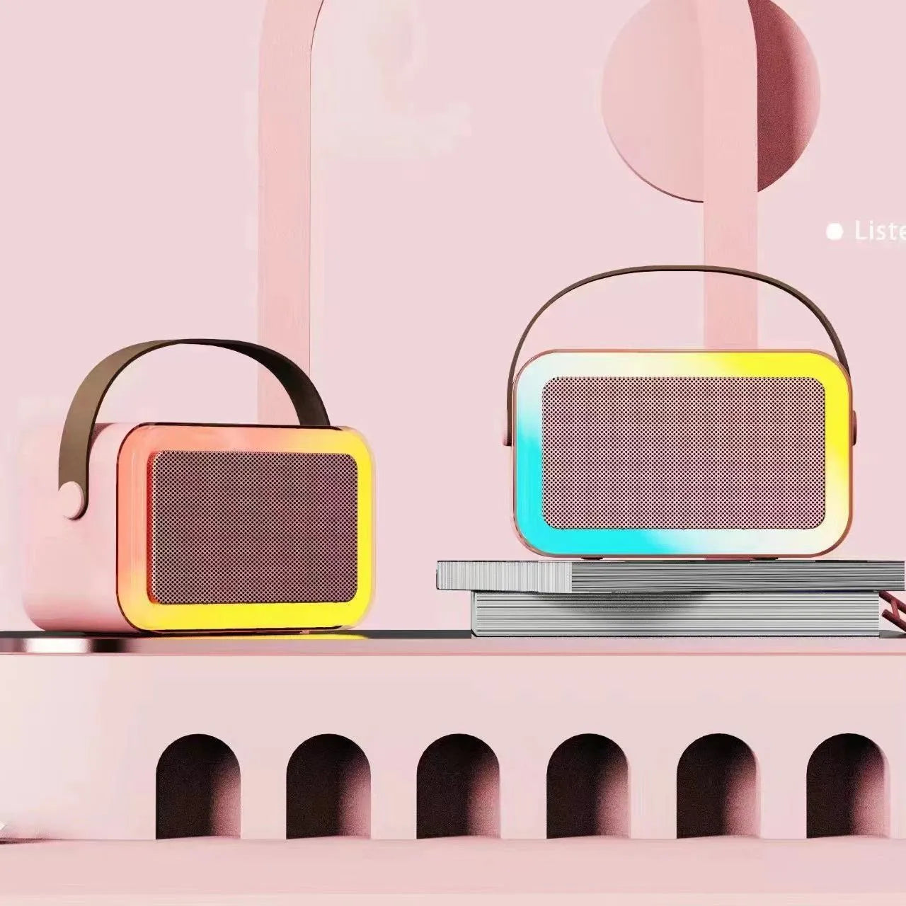 Pink, sky blue, and white portable Bluetooth karaoke microphone speaker with coloured LED lights.
