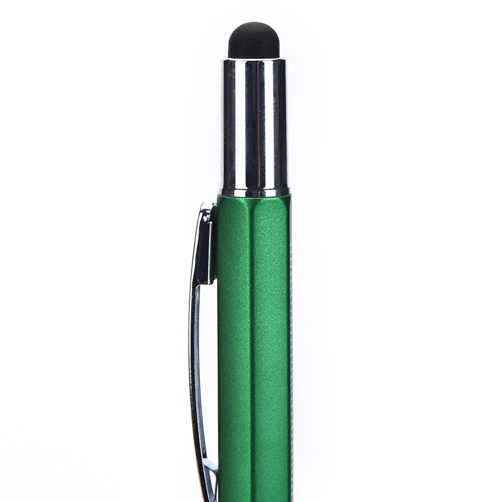 Black 6 in 1 multi-function touch screen stylus ballpoint pen with spirit level and screwdriver tips on white background
