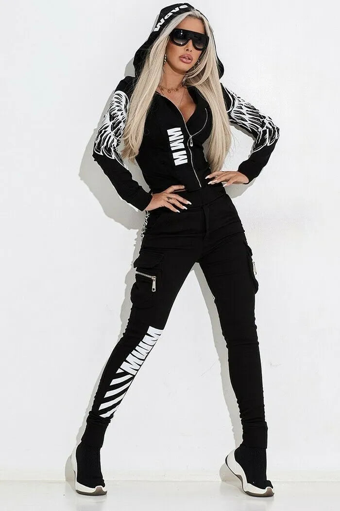 Black women's hooded jacket and trousers casual set with white wings graphic print.