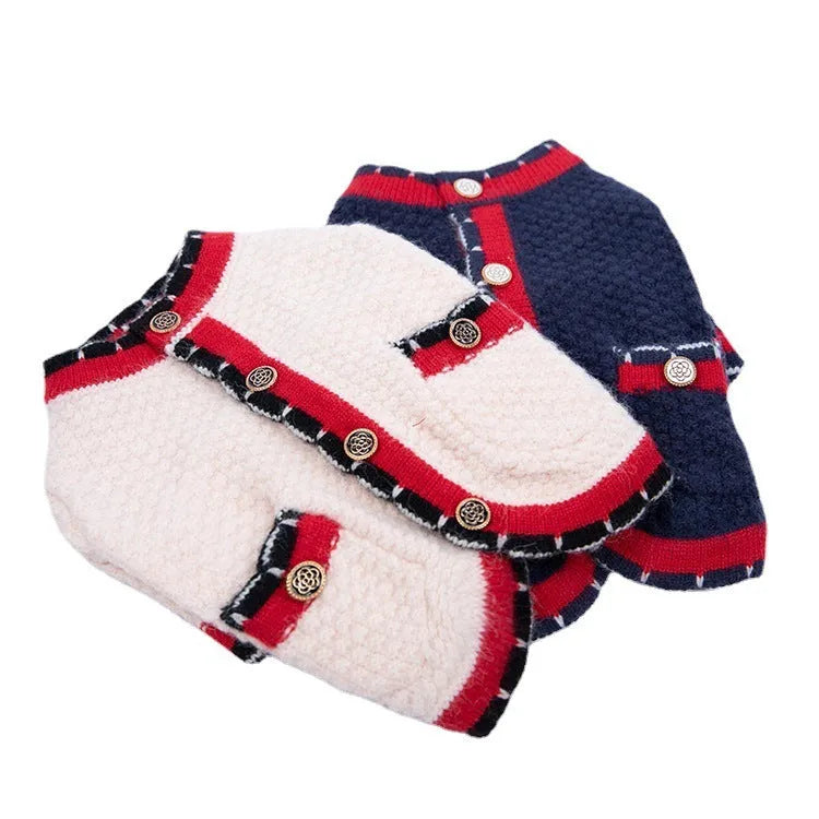Blue wool pet cardigan with princess styling on dog model showing classic design
