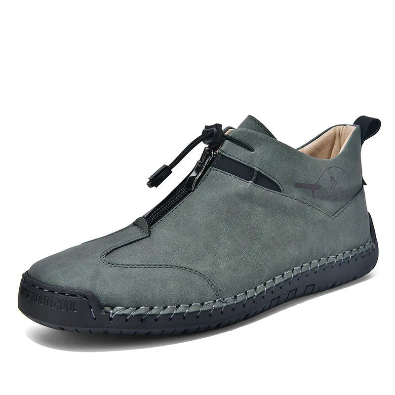 Men's casual leather shoes with mid-heel, round pointed toe, and reinforced leather upper