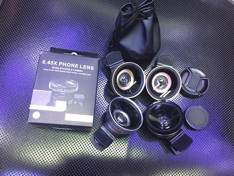 Aluminium alloy 0.45X wide-angle lens for smartphones in black, gold, rose gold, and silver.