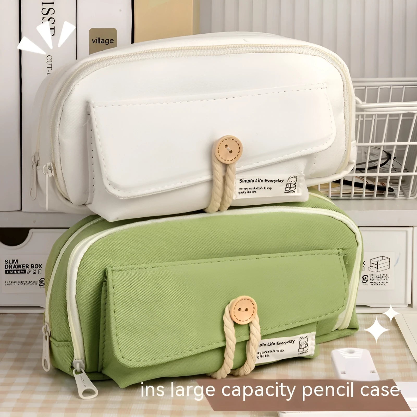 Large capacity canvas pencil case for girls in beige, blue, gray, or green, holding many pens.