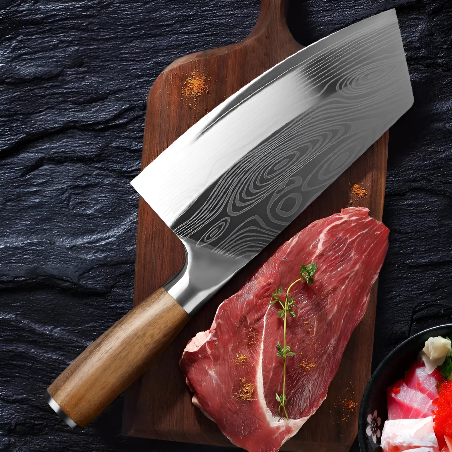 A stainless steel kitchen knife with a 320mm blade, shown from the side.