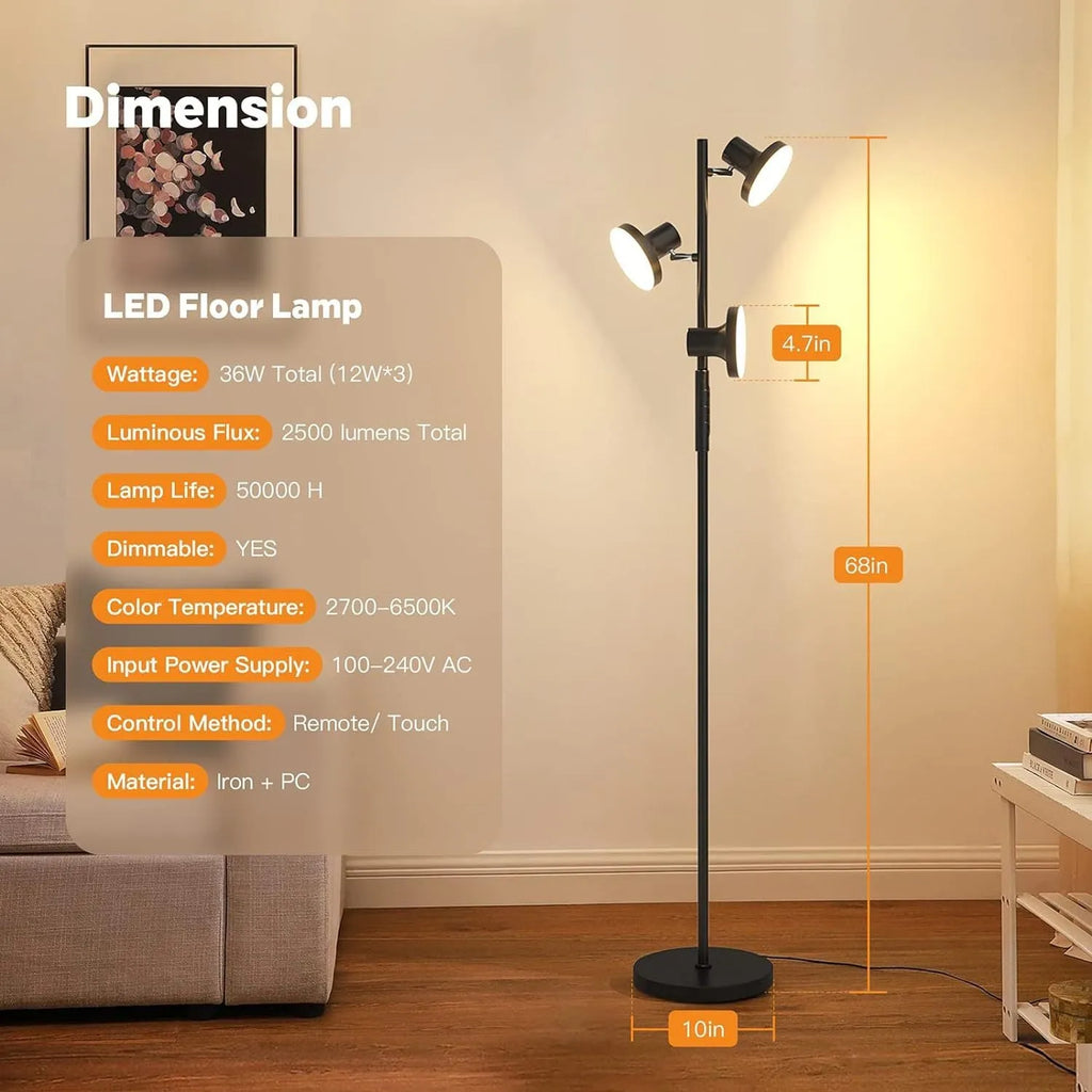 Tall adjustable LED floor lamp with rotatable head and remote control in black finish