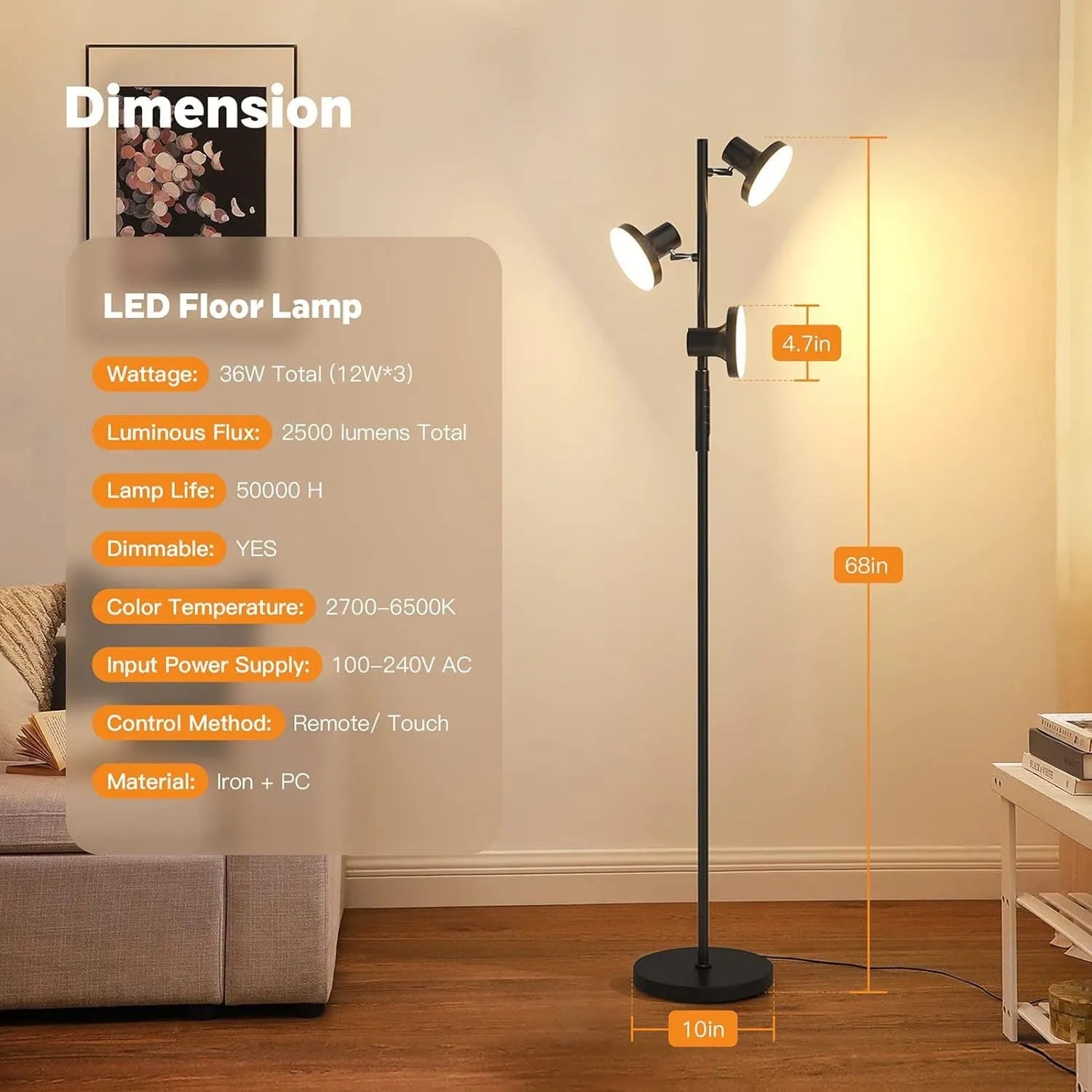 Tall adjustable LED floor lamp with rotatable head and remote control in black finish