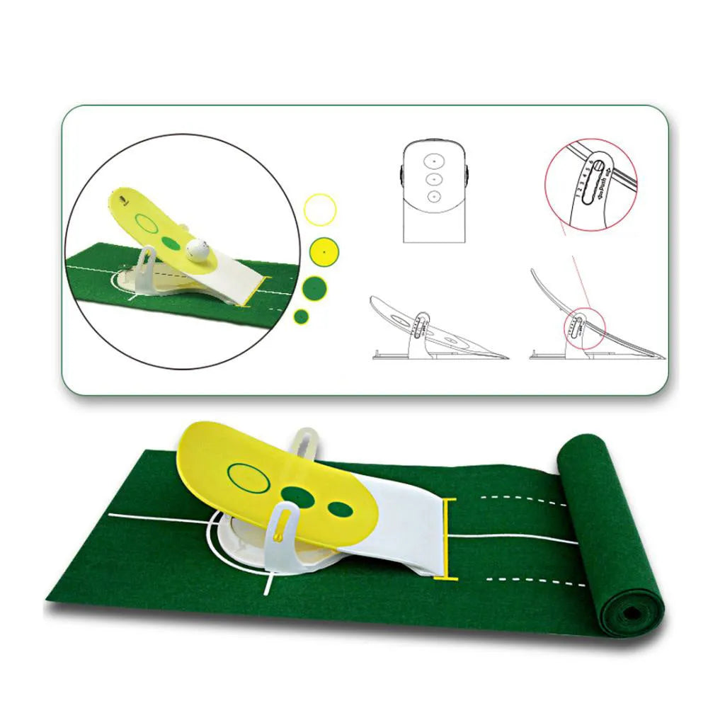 Precision putter exerciser on a green non-woven blanket with a 27cm simulator target for indoor golf practice