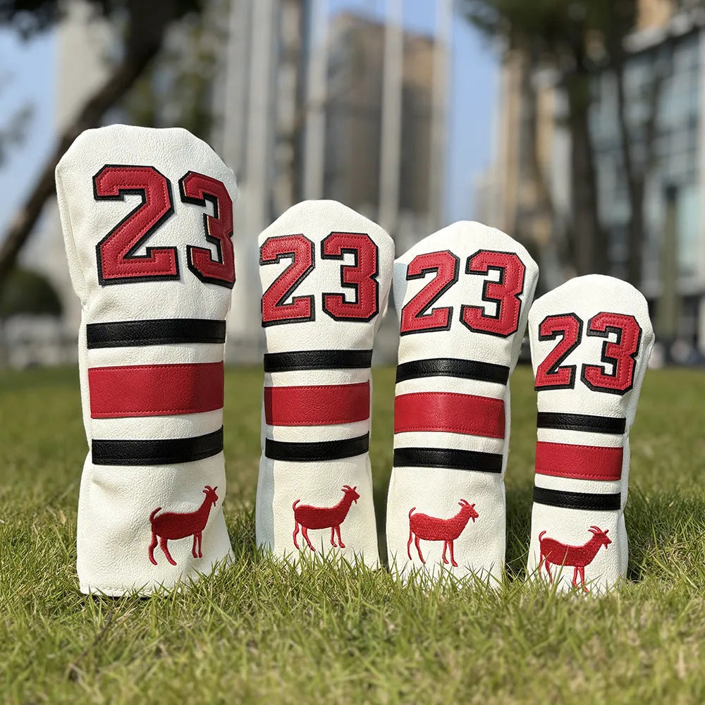 Set of four PU golf club headcovers including a square putter cover and chicken drumstick wood covers