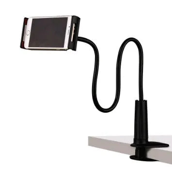 Bedside long-arm mobile phone holder in aluminium alloy and plastic on a table.