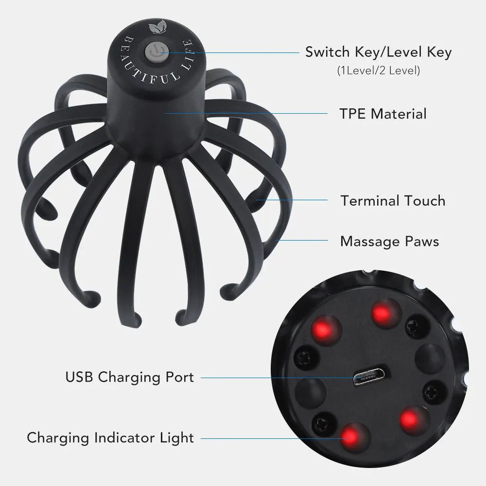 Octopus Electric Head Massage Tingler multi-claw scalp massager with TPE claws in black rechargeable variant